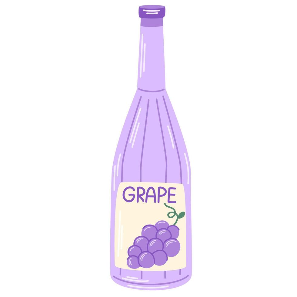 Grape juice, fruit drink in bottle. Cold summer beverage, refreshing lemonade. Healthy natural flavored juicy refreshment in glass package. Flat illustration isolated vector