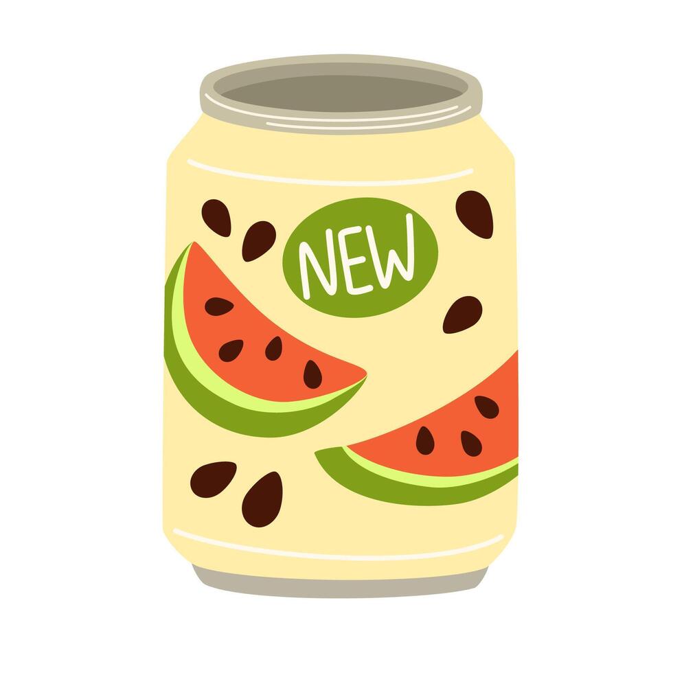 soda beber, sandía limonada en estaño. gaseoso gaseado baya sazonado bebida, frío verano cóctel en aluminio poder. refresco en metal frasco. plano ilustración aislado vector