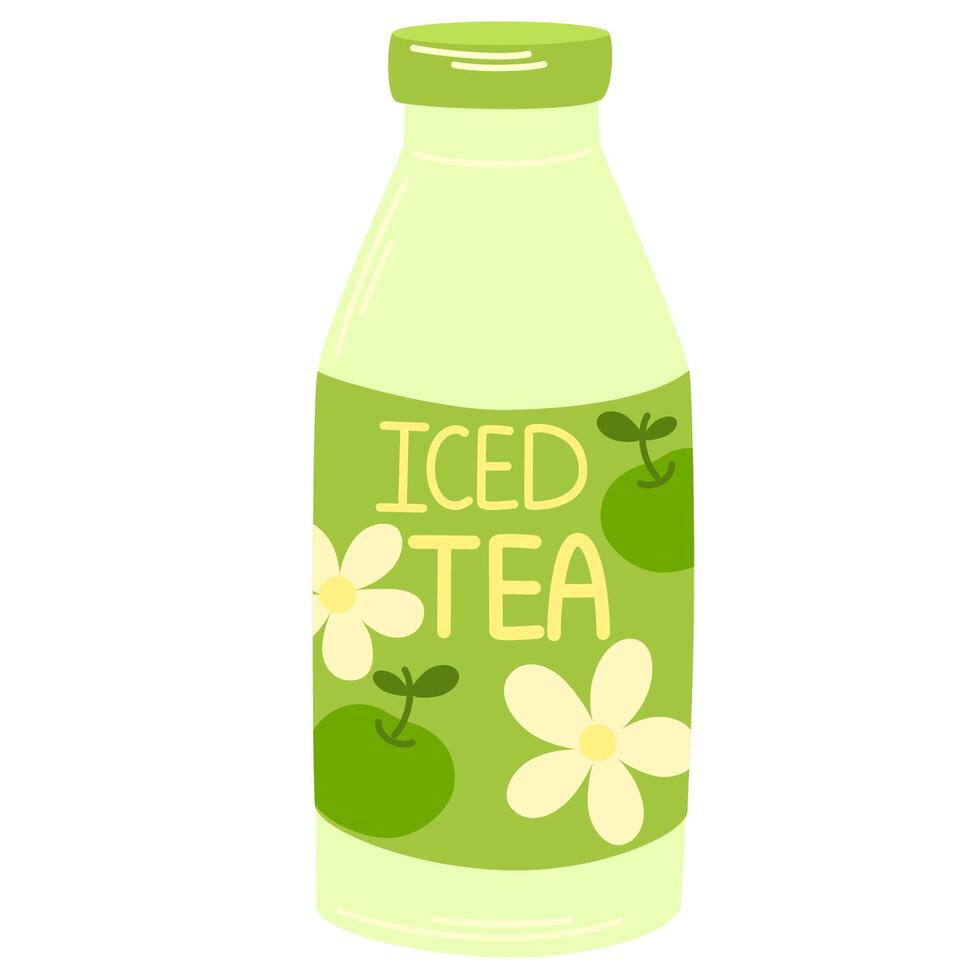 Iced tea in bottle. Detox lemonade, infused natural drink. Citrus fruit refreshing beverage. Healthy organic apple juice refreshment. Flat illustration isolated vector