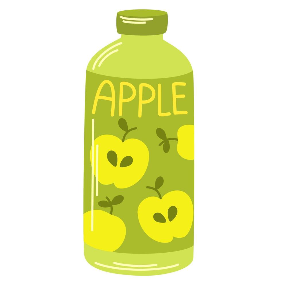 Juice drink in glass bottle. Cold fruit lemonade, summer refreshment. Fresh apple flavored beverage, sweet juicy natural cocktail. Flat illustration isolated vector