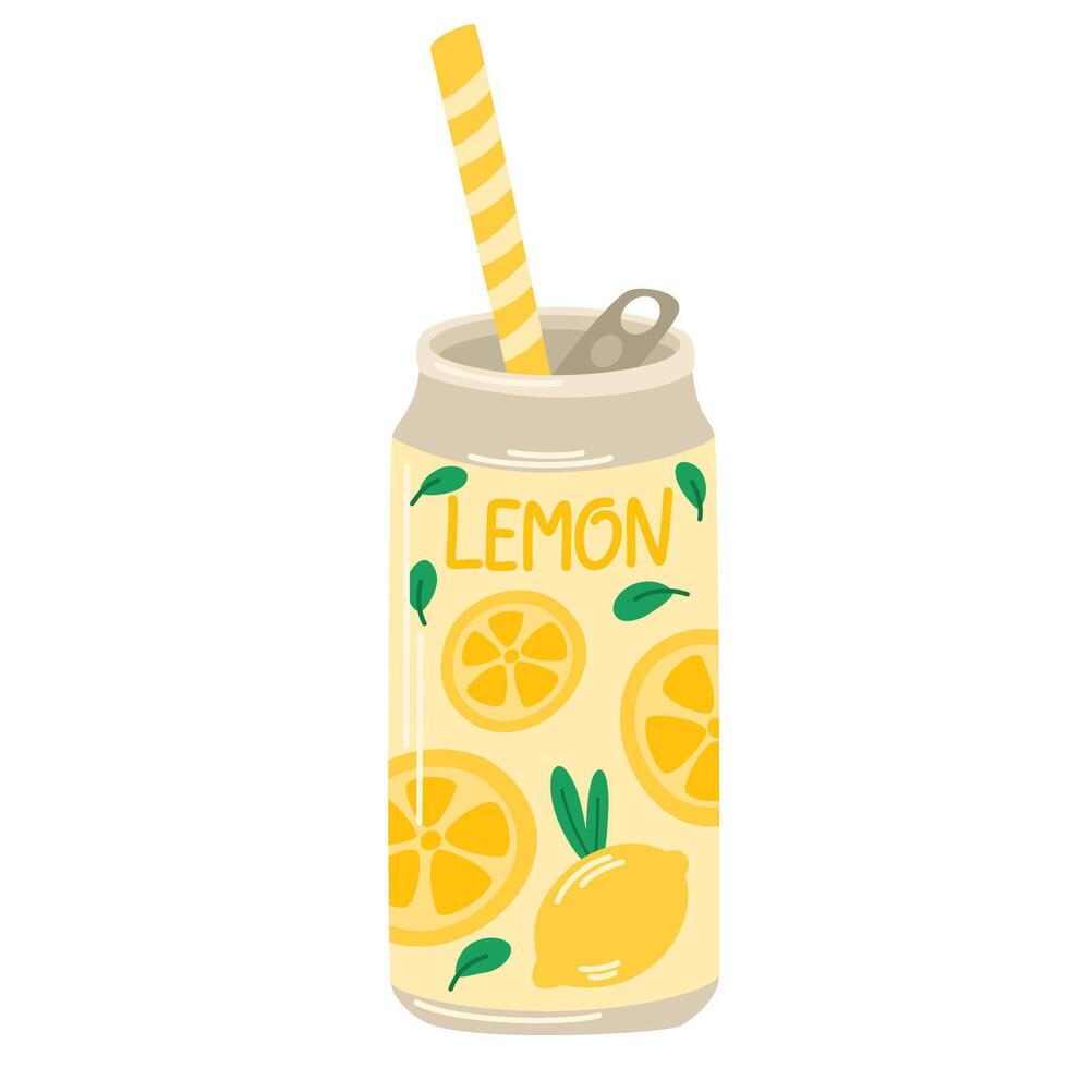 limón soda bebida en aluminio poder. Fresco Fruta infundido agua, refrescante frío bebida, dulce jugoso refresco en metal acero estaño. plano gráfico ilustración vector