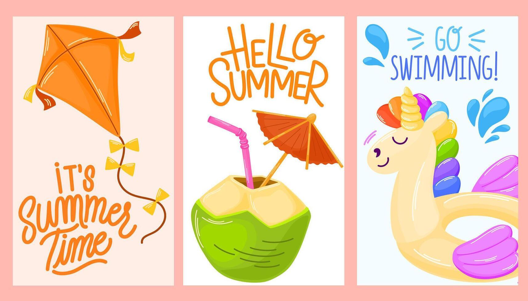 Summer time poster set. Hello summer text collection with elements for tropical holiday vacation. vector