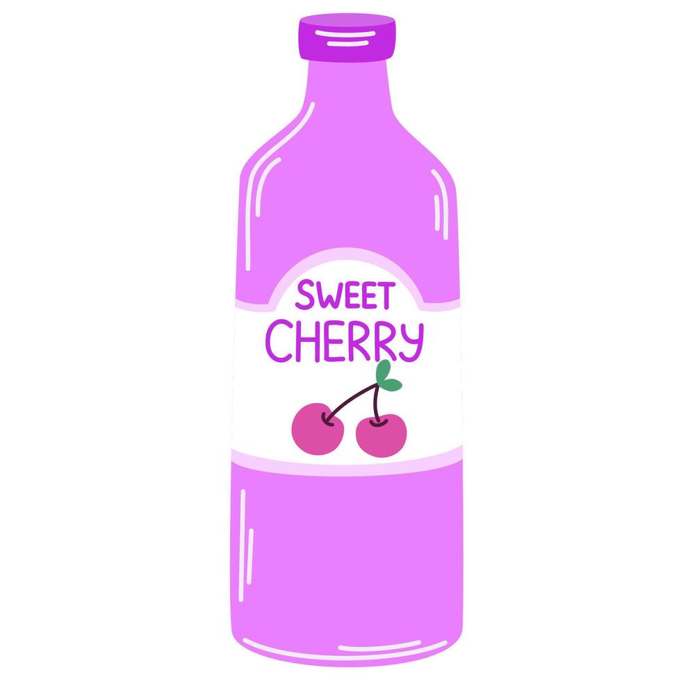 Juice drink in glass bottle. Cold fruit lemonade, summer refreshment. Fresh cherry berry flavored beverage, sweet juicy natural cocktail. Flat illustration isolated vector