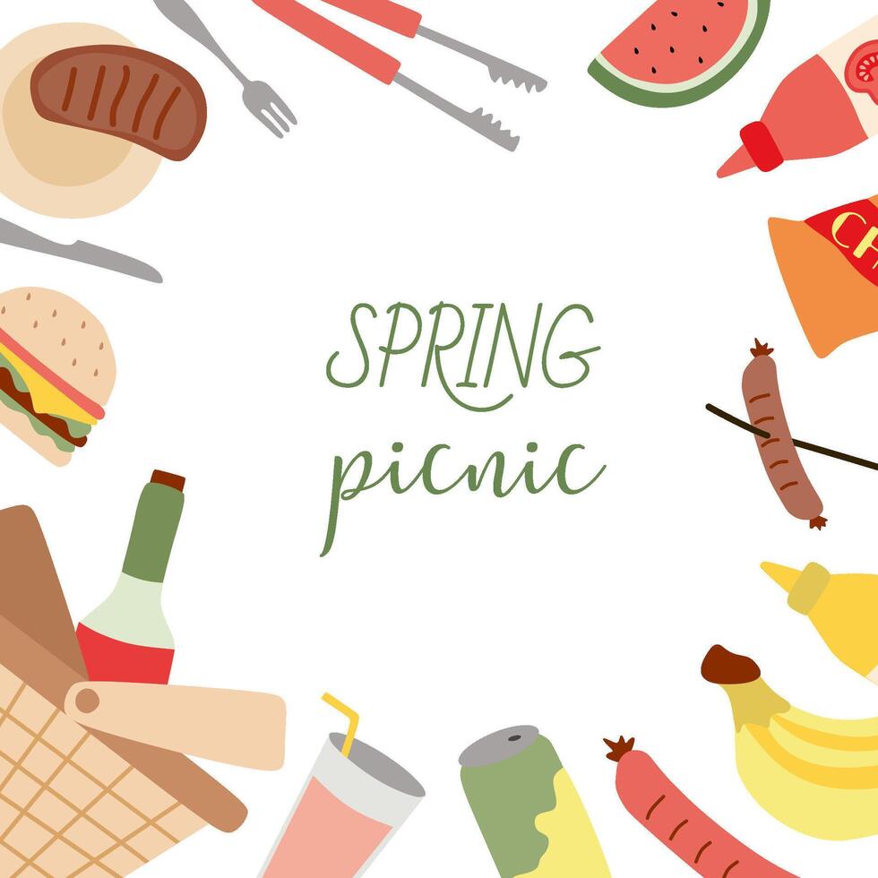 Picnic frame with copy space. Grill, basket, food, Burger, Fruits and gadgets square border. Summer outdoor holiday activity elements. Weekend bbq meal. flat illustration with Space for text vector