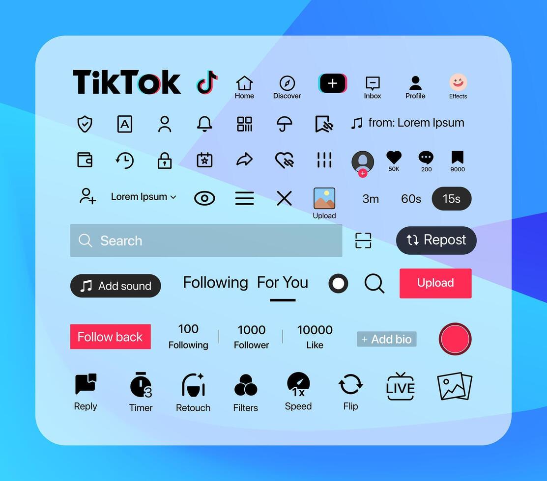 Tik Tok button icon. Set screen social media and social network interface template. Stories user button, symbol, sign logo. Stories, liked, stream. Editorial. illustration vector