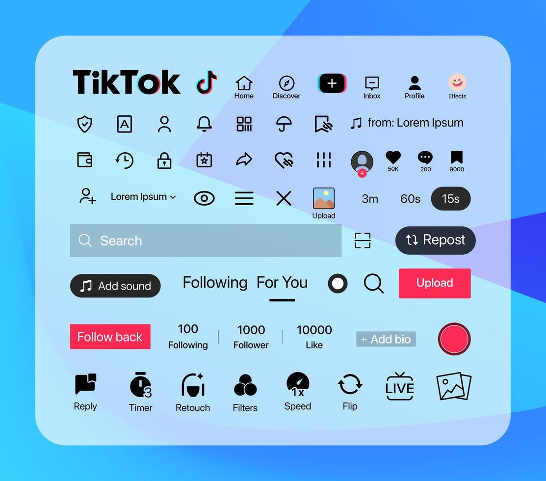 tik tok botón icono. conjunto pantalla social medios de comunicación y social red interfaz modelo. cuentos usuario botón, símbolo, firmar logo. cuentos, apreciado, arroyo. editorial. ilustración vector