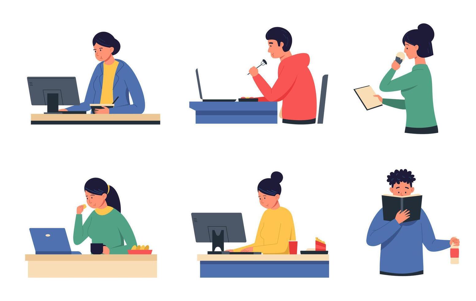 dibujos animados hombres y mujer comiendo a trabajo en frente de ordenador portátil y computadora, oficina almuerzo y remoto trabajo desventaja vector
