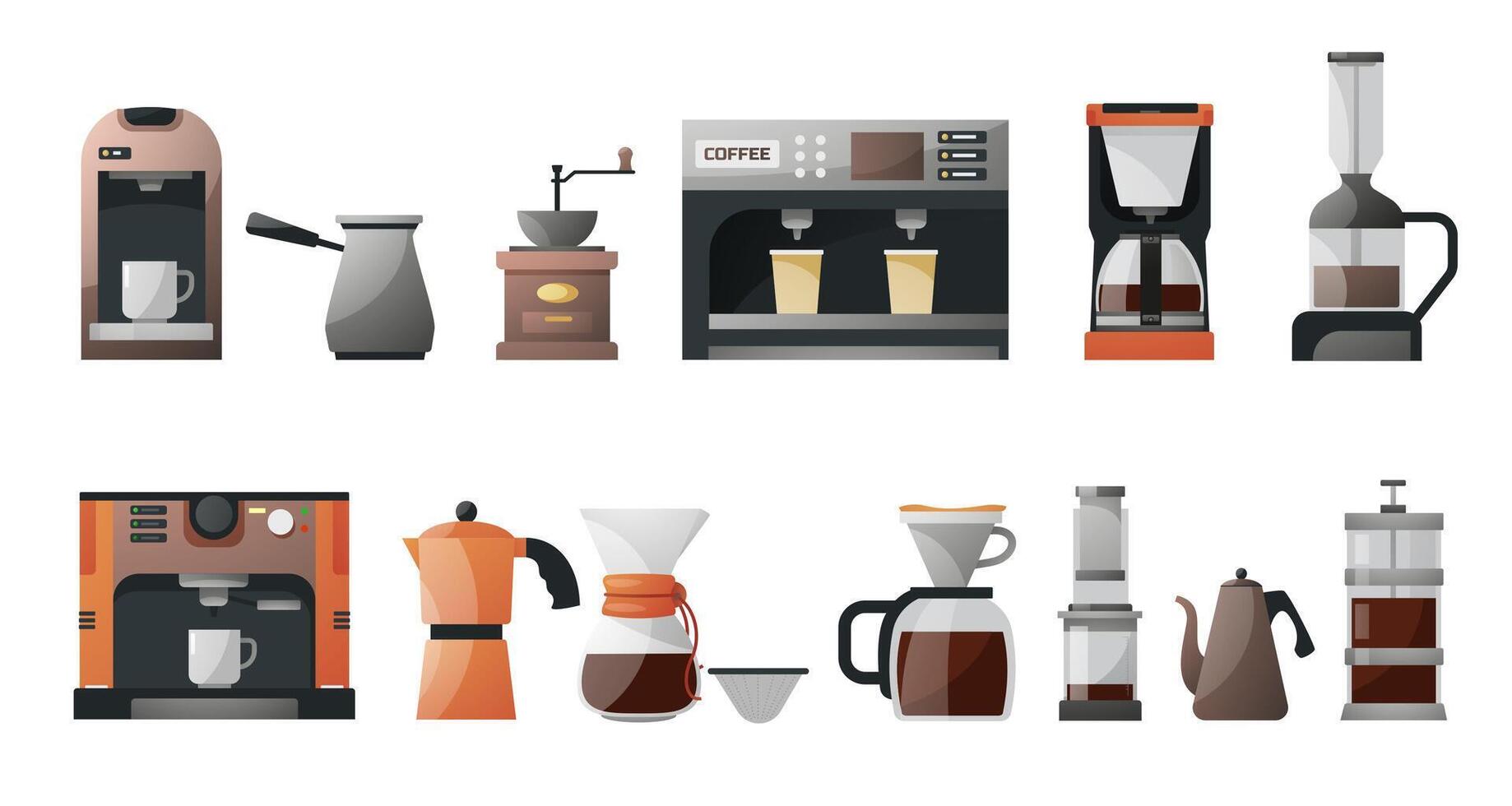 Coffee brewing devices. Pour over drip coffee maker, french press, cezve turkish coffee pot, coffee grinder, coffee cup. coffeehouse equipment set vector