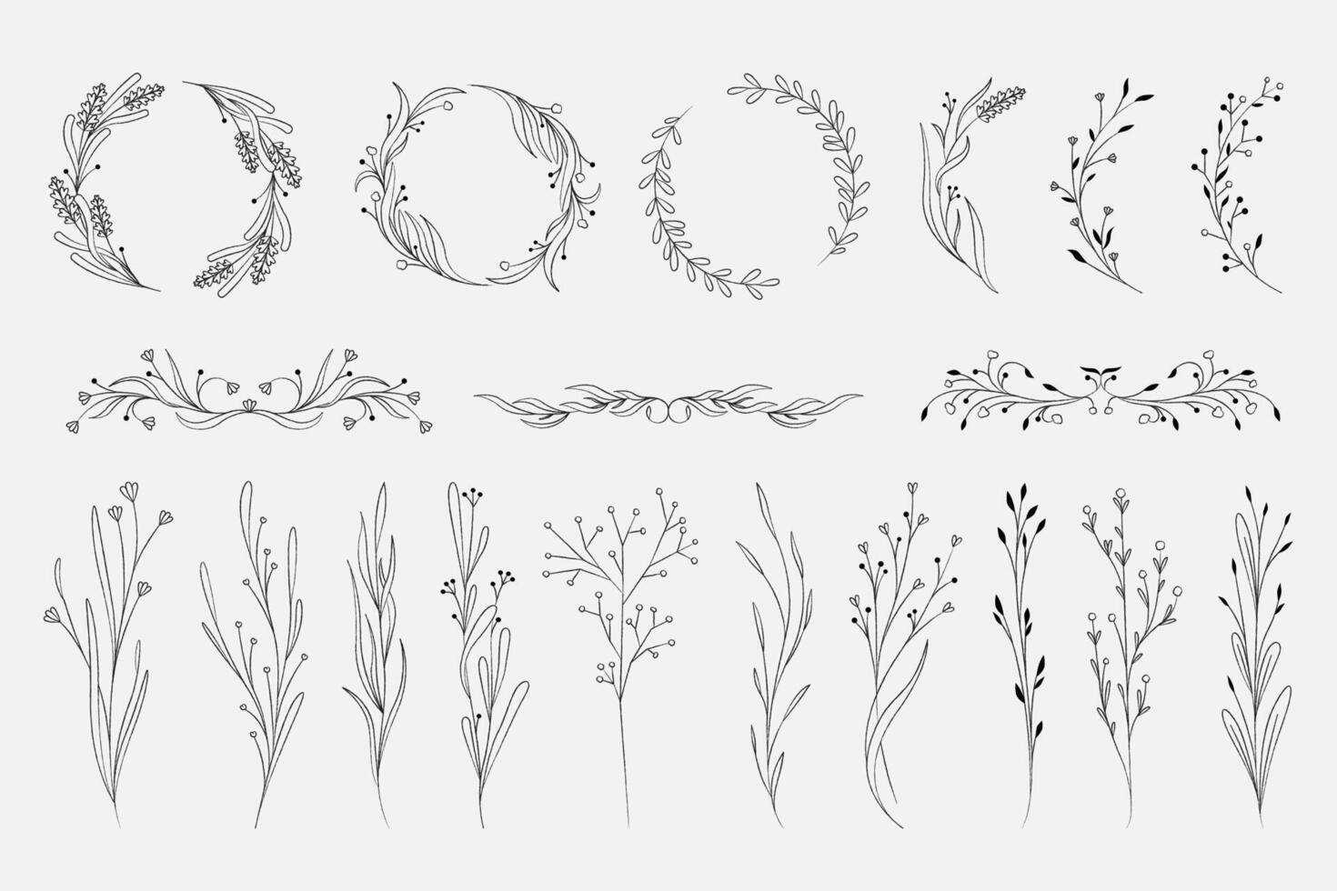 Elegant botanical decoration. Minimalist floral frame and monogram border, organic wreath and circle ornamental elements. isolated set vector