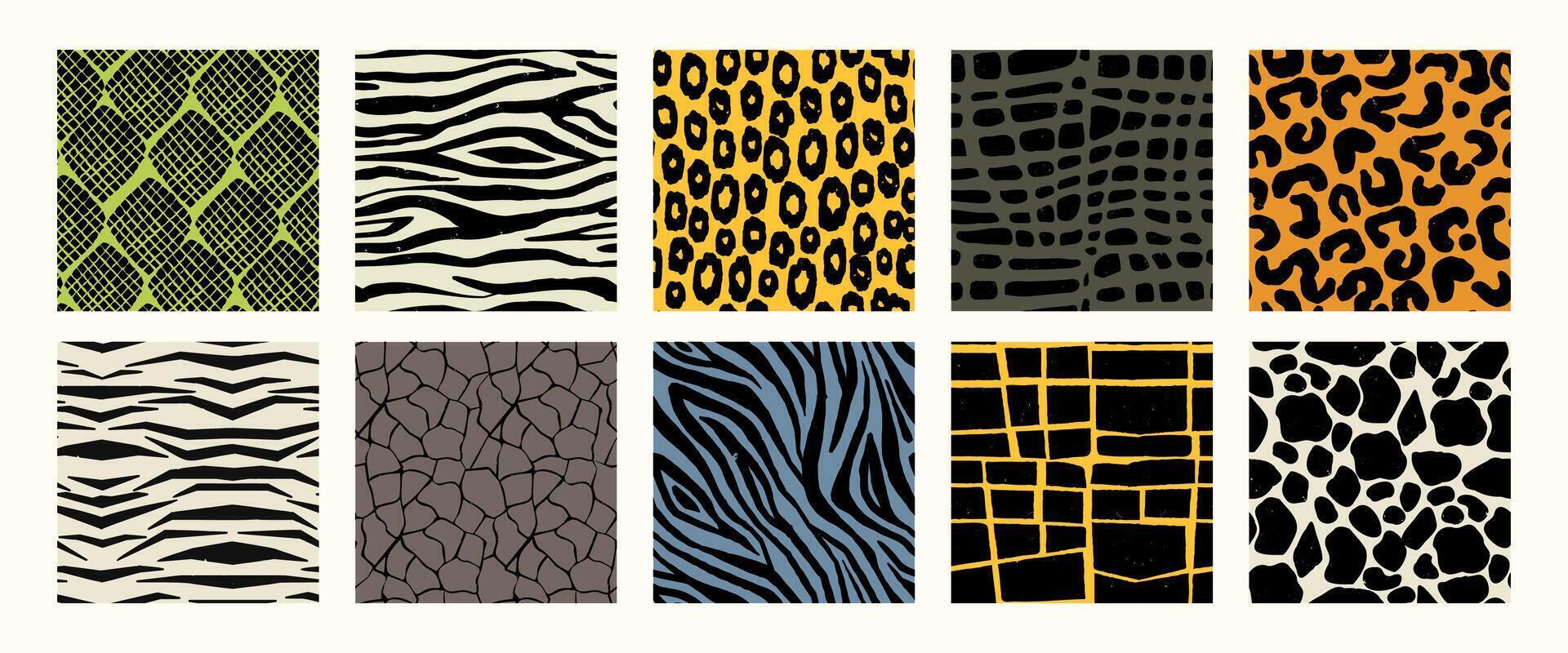 animal patrones. sin costura impresión de salvaje piel piel cuero, Tigre leopardo leopardo cebra jirafa pitón textura, zoo fauna silvestre antecedentes. textura conjunto vector