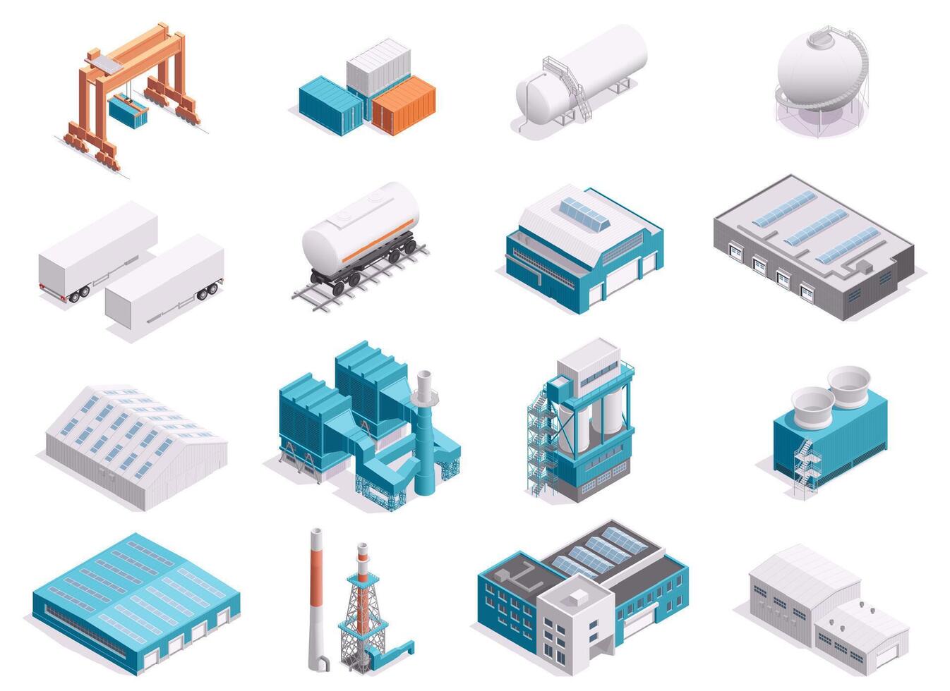 Isometric industrial structures. Warehouse factory hangar silo, industrial estate with buildings and equipment. 3D map of industrial buildings vector