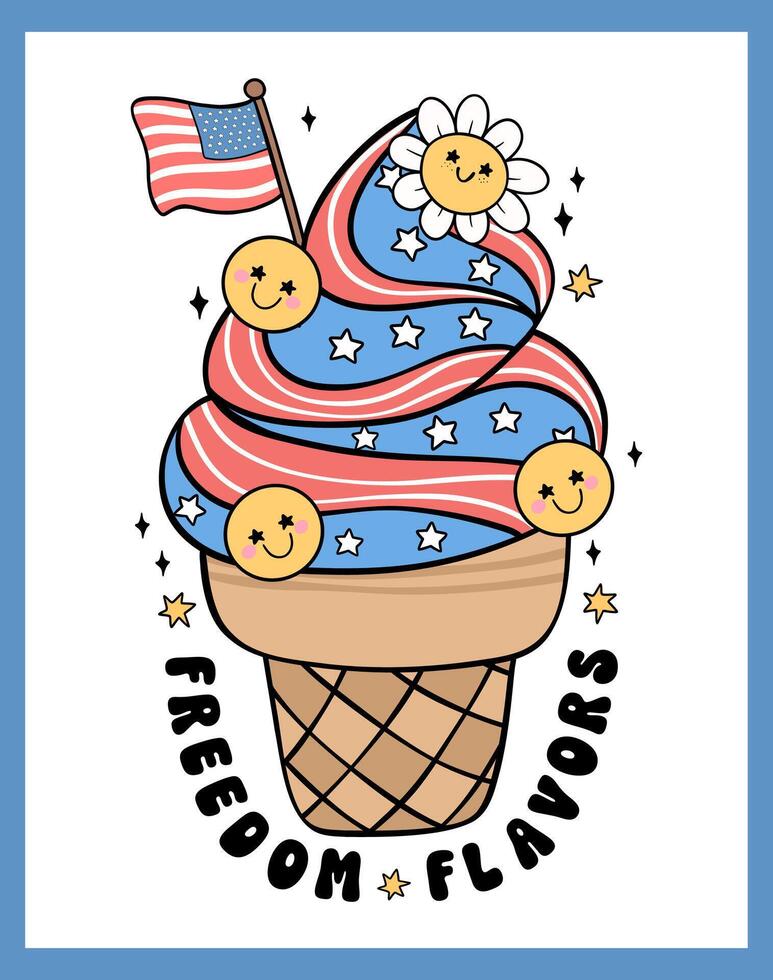 Groovy 4th of July ice cream Cartoon Trendy doodle idea for Shirt Sublimation, greeting card vector