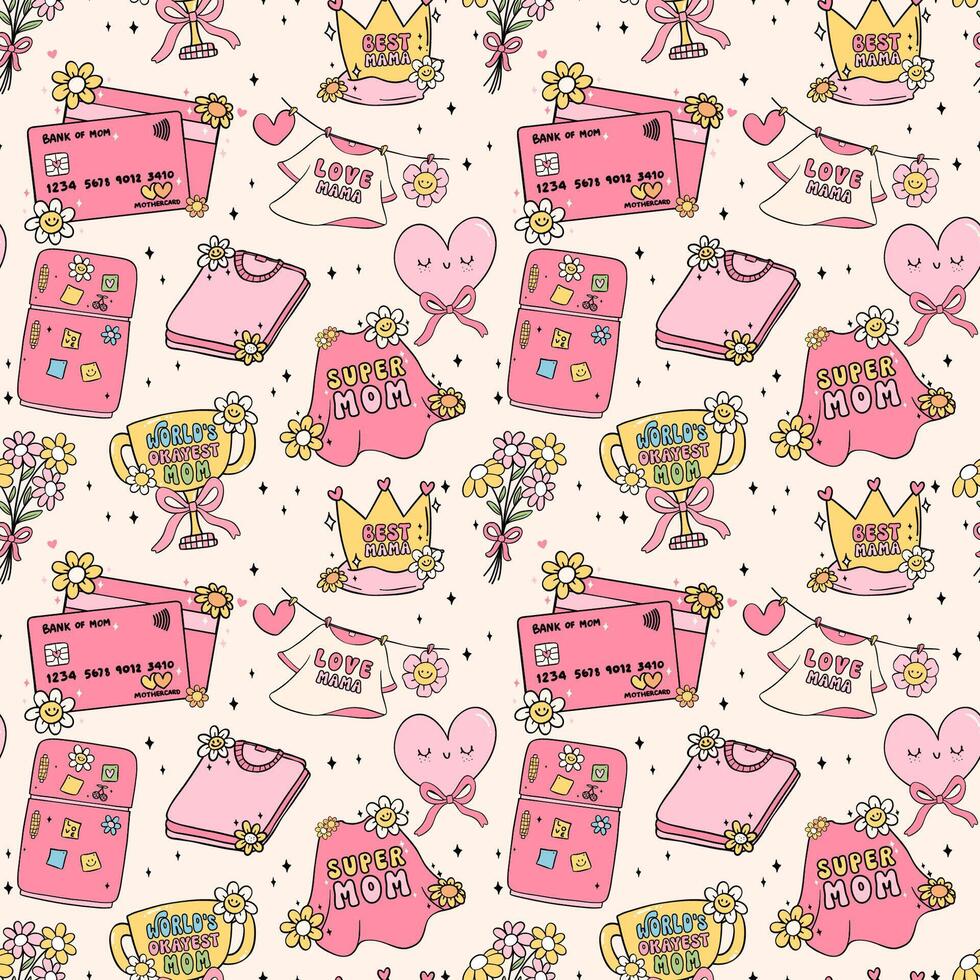 Retro Groovy Mothers Day seamless pattern best mom cute Doodle isolated on background vector