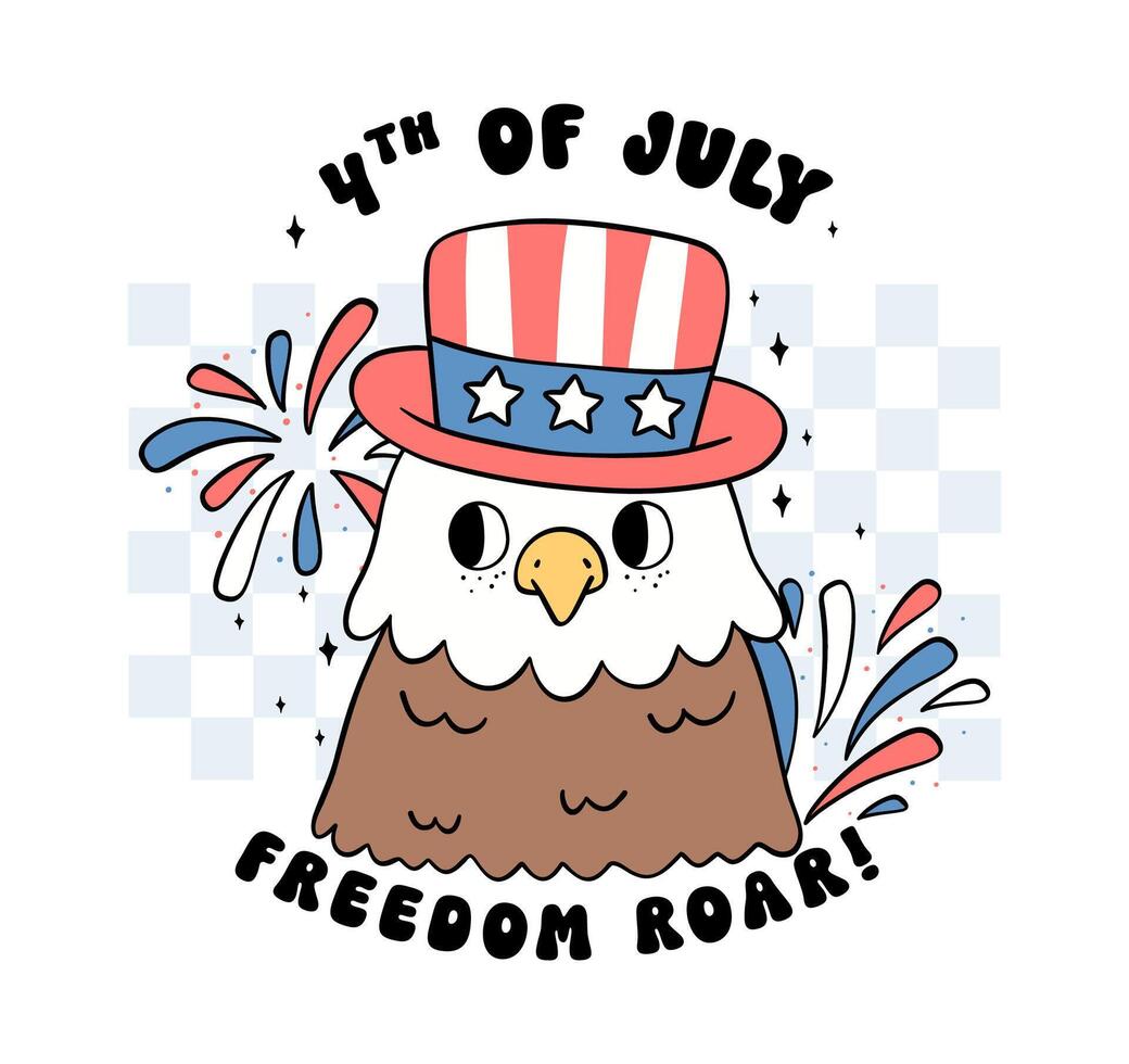 Groovy 4th of July Retro Eagle bald Cartoon Trendy Character doodle idea for Shirt Sublimation, greeting card vector