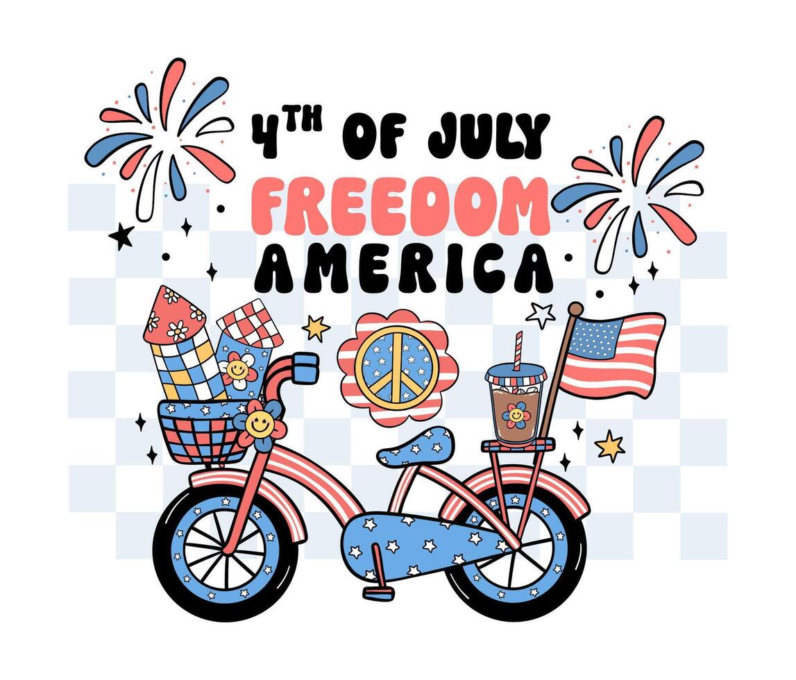 Groovy 4th of July bycicle Cartoon Trendy doodle collection idea for Shirt Sublimation printing vector