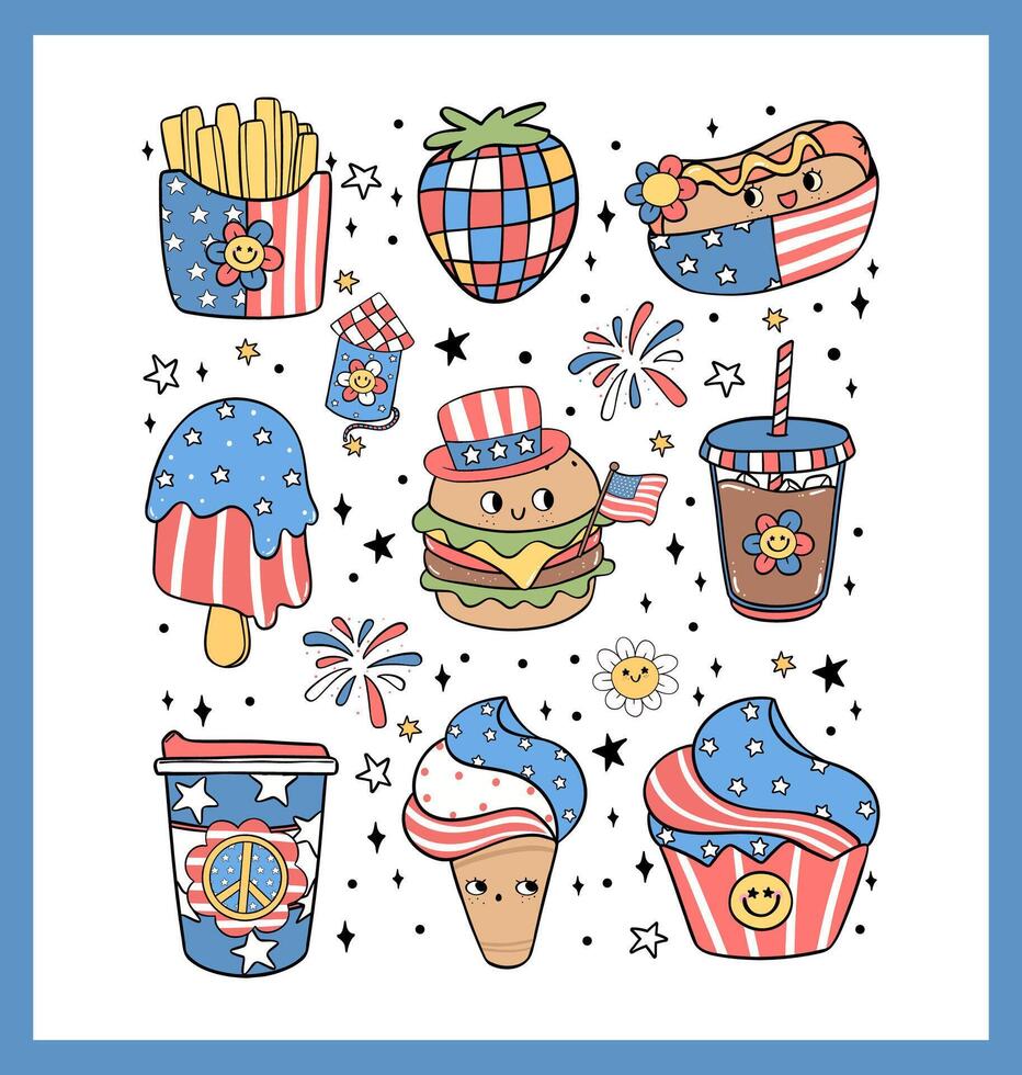 Groovy 4th of July food Retro Cartoon Trendy doodle collection idea for Shirt Sublimation printing vector