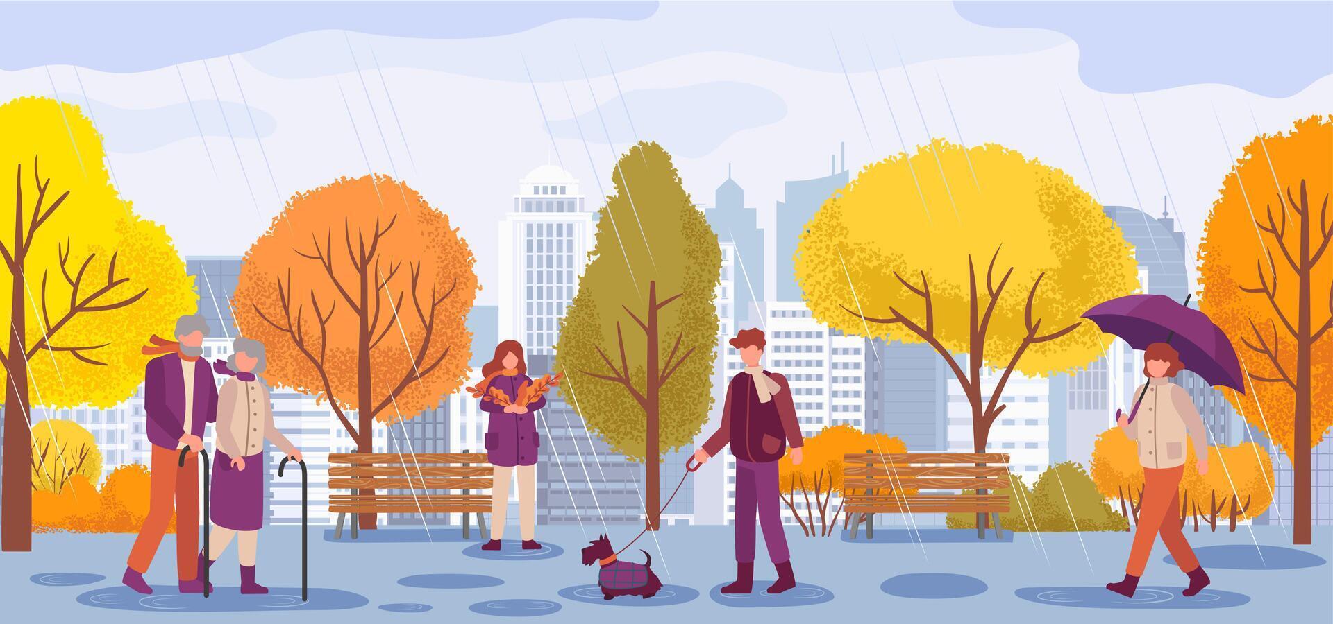 personas en otoño estación, caminando en parque debajo árbol vector