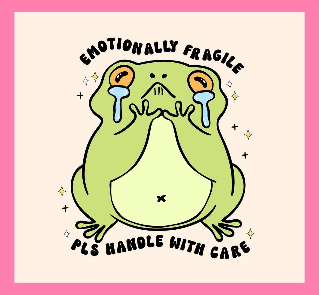 Groovy Retro frog crying emotionally fragile handle with care vibrant pastel drawing sticker printable vector