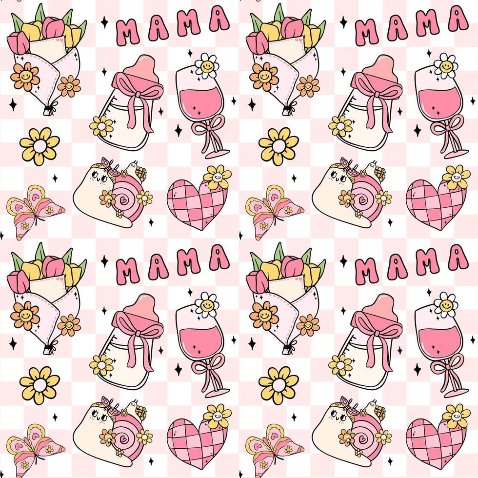 Retro Groovy Mothers Day seamless pattern best mom cute Doodle isolated on background vector