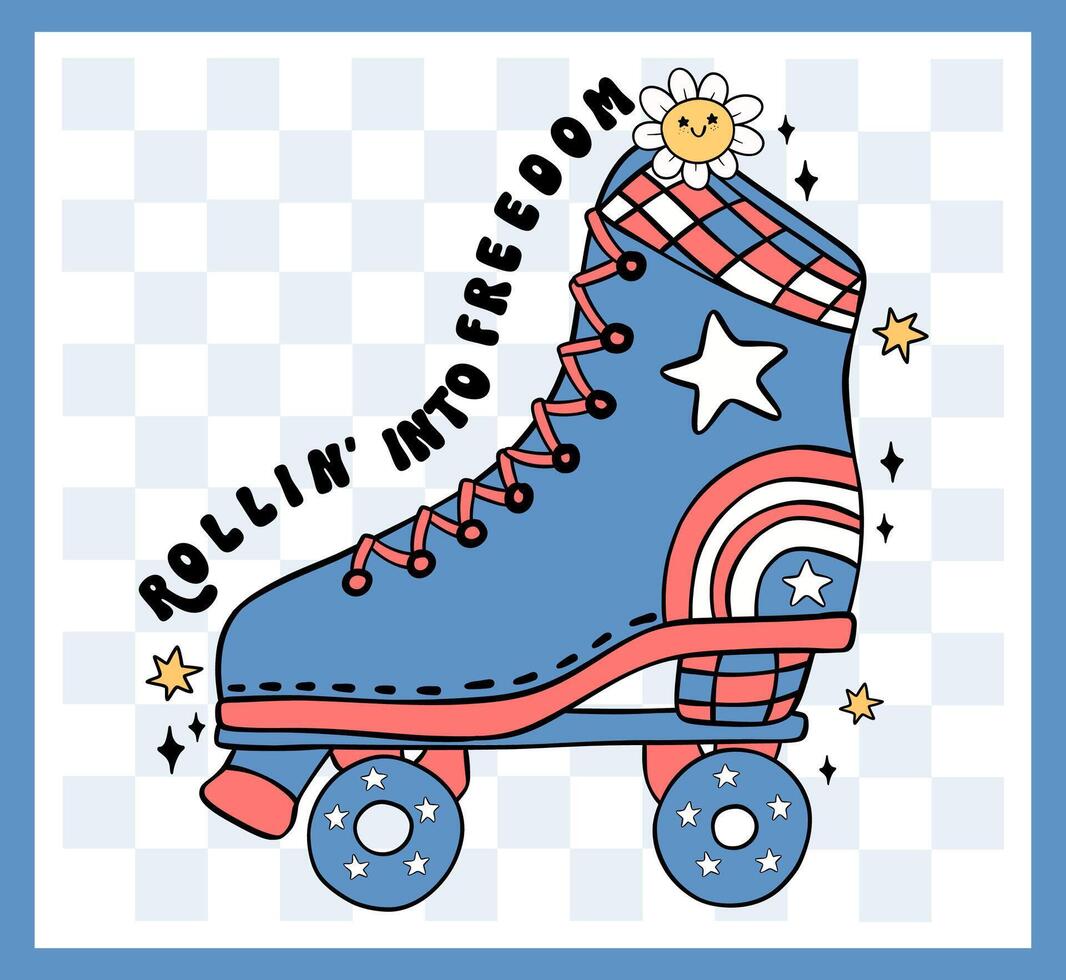 Groovy 4th of July roller skate shoei Cartoon Trendy doodle idea for Shirt Sublimation, greeting card vector