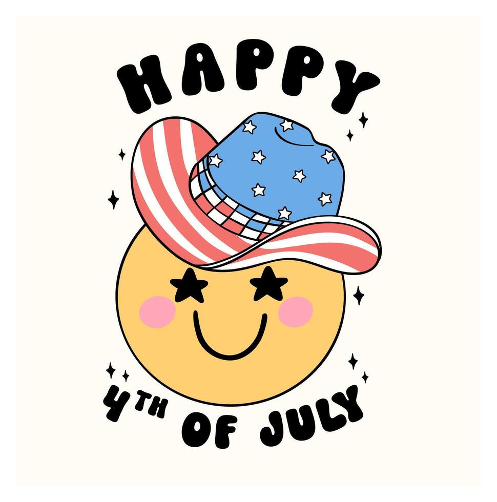 Groovy 4th of July happy smile face emoji with cowboy hat Cartoon Trendy doodle idea for Shirt Sublimation, greeting card vector