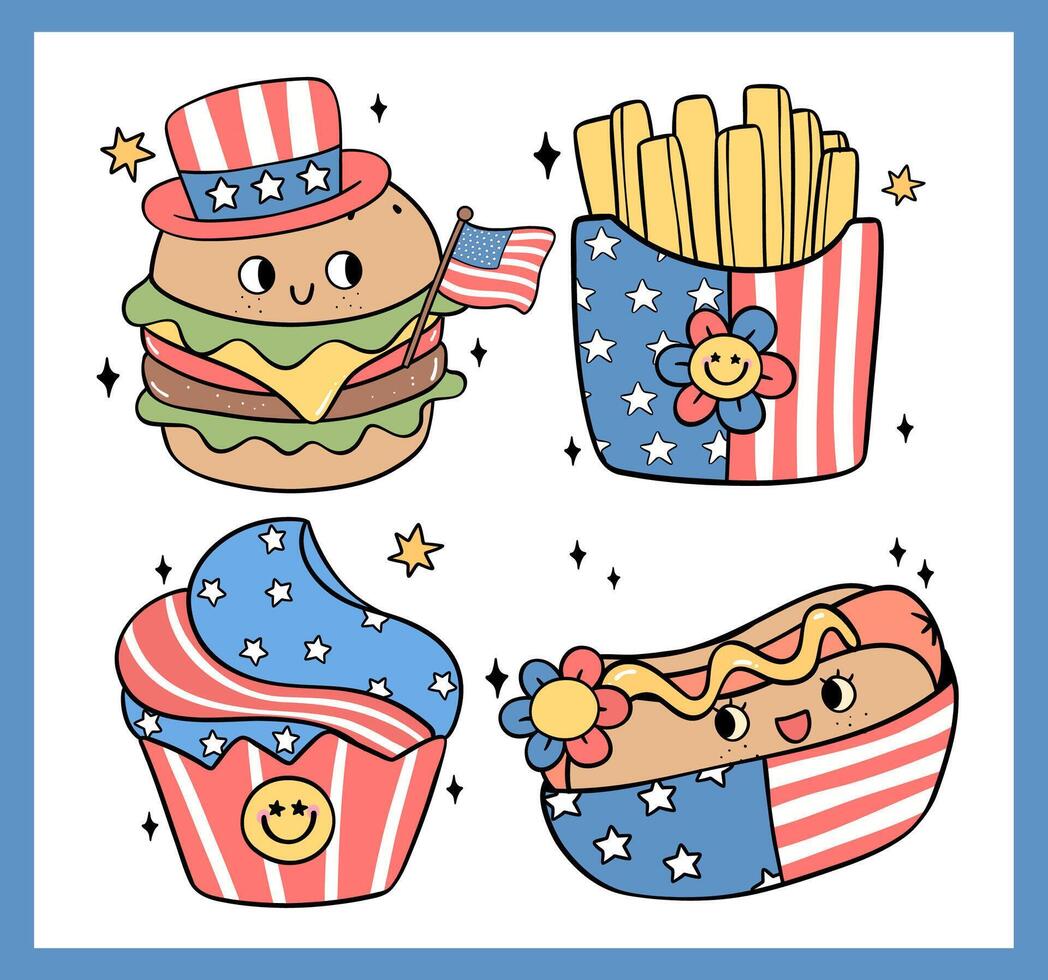 Groovy 4th of July food Cartoon Trendy doodle idea for Shirt Sublimation, greeting card vector