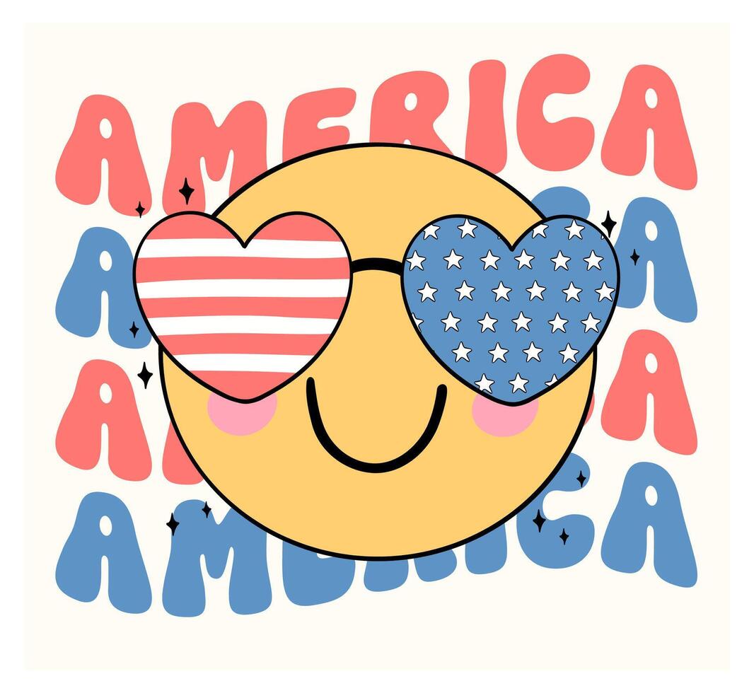 Groovy 4th of July happy smile face emoji Cartoon Trendy doodle idea for Shirt Sublimation, greeting card vector