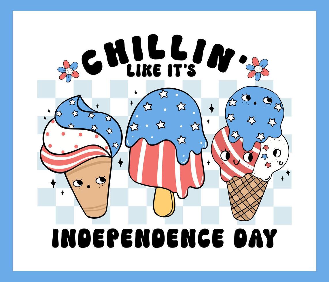 Groovy 4th of July Retro Ice Cream Cartoon Trendy Character doodle idea for Shirt Sublimation, greeting card vector