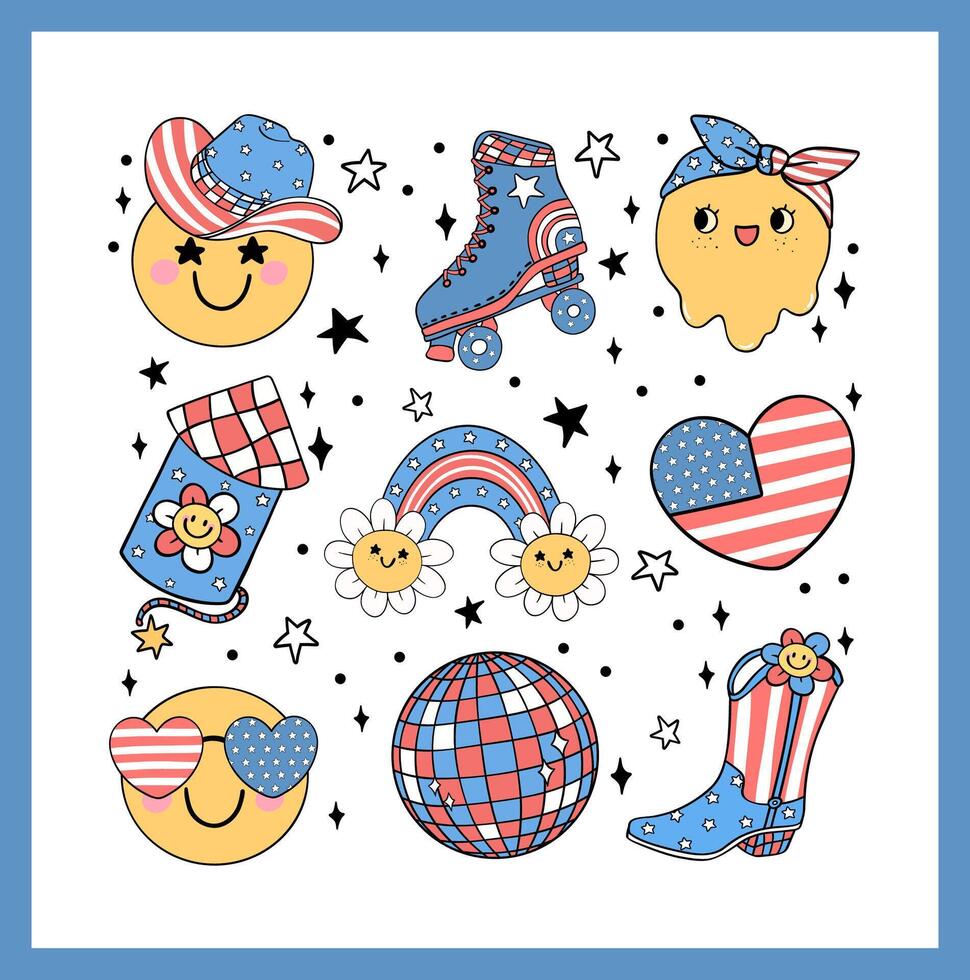 Groovy 4th of July happy smile face emoji Retro Cartoon Trendy doodle collection idea for Shirt Sublimation printing vector