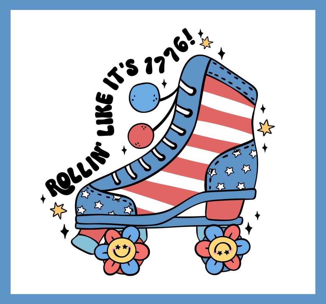 Groovy 4th of July roller skate shoe Cartoon Trendy doodle idea for Shirt Sublimation, greeting card vector