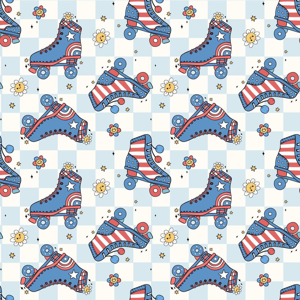 Groovy Retro Seamless Pattern for 4th of July Vibrant vintage Roller Skate Shoes on Checkered background vector