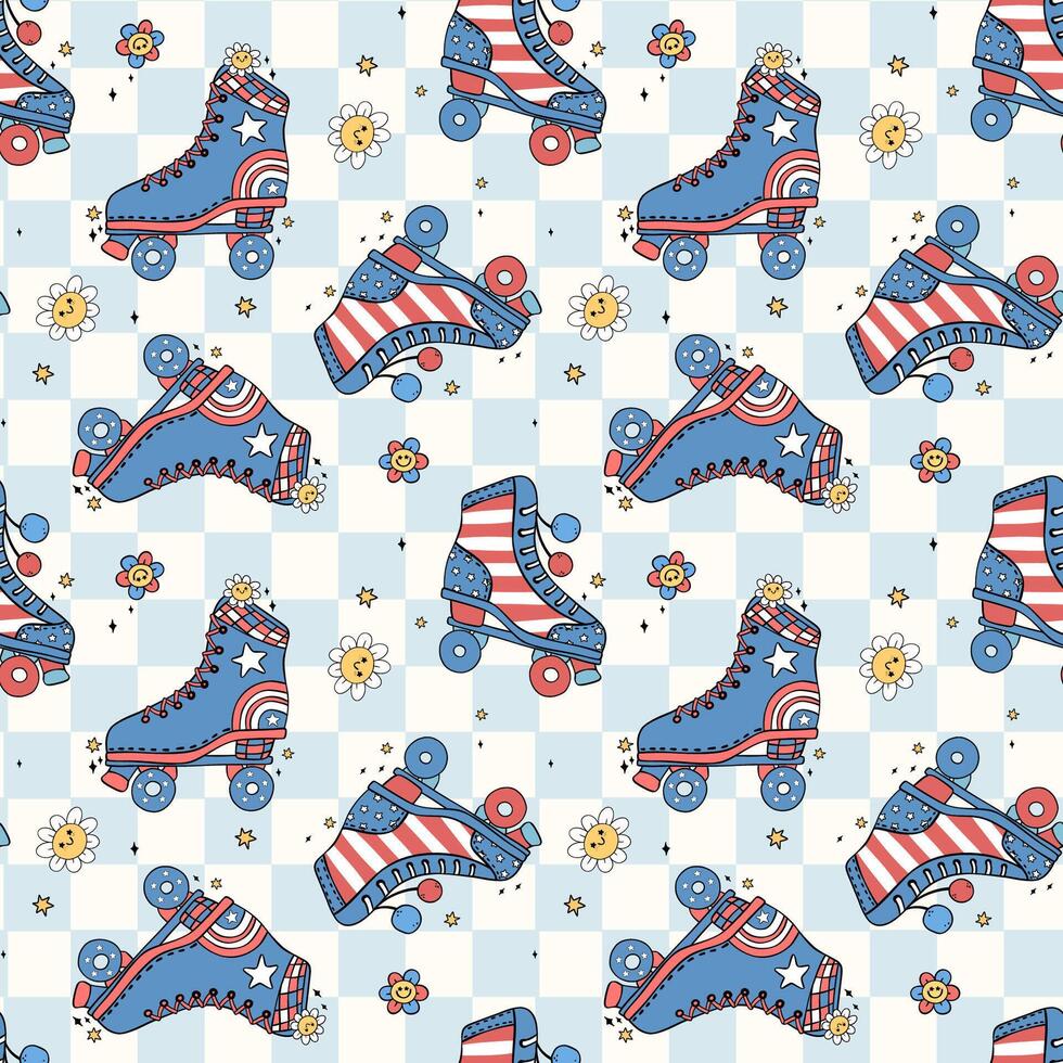 Groovy Retro Seamless Pattern for 4th of July Vibrant vintage Roller Skate Shoes on Checkered background vector