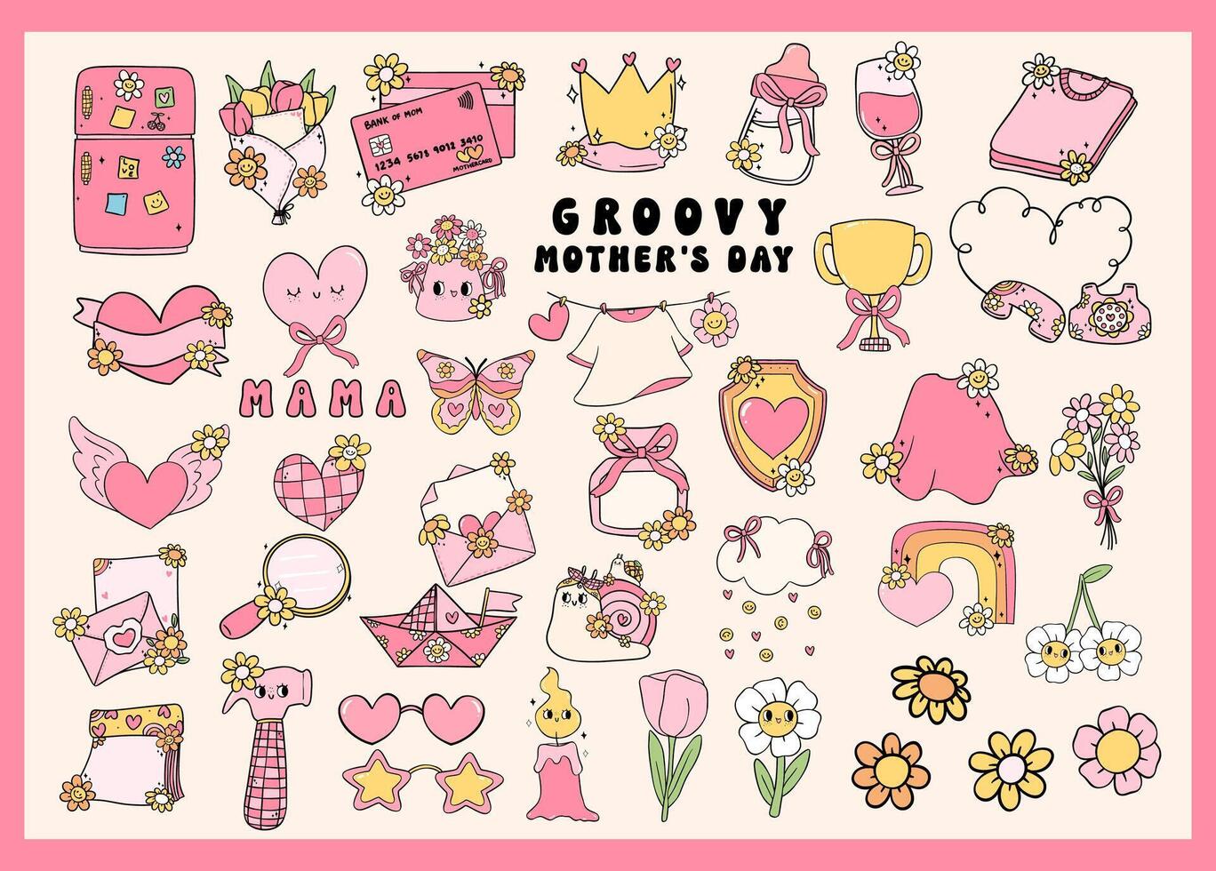 Retro Groovy Mothers Day icon elements Doodle Drawing Vibrant Pastel Color collection vector