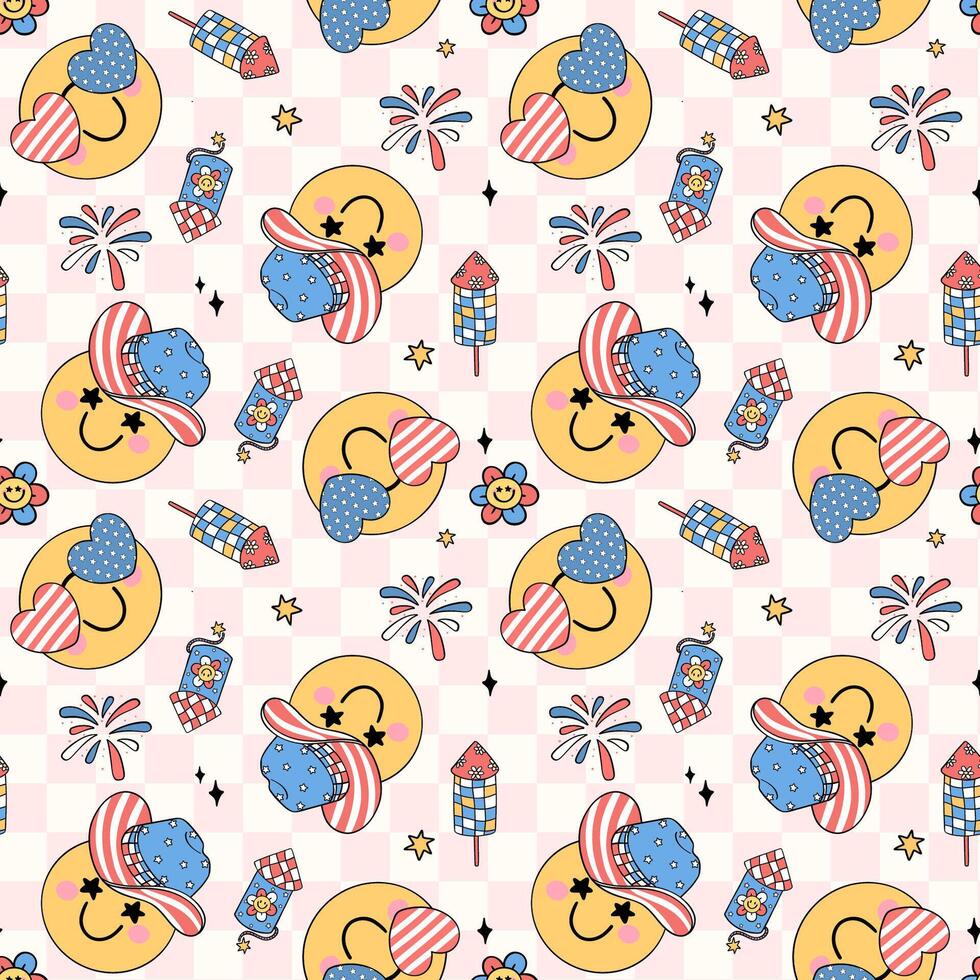 Groovy Retro Seamless Pattern for 4th of July smile face emoji on pink Checkered background vector