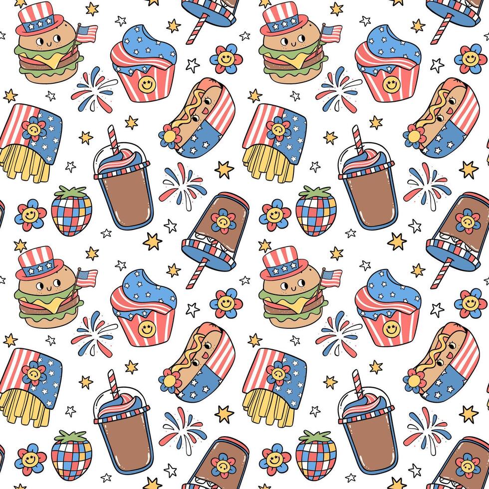 Groovy 4th of July seamless pattern Food Trendy cartoon character isolated on background vector