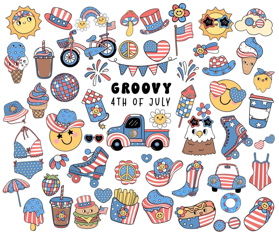 Groovy 4th of July element collection Cartoon Trendy doodle set idea for Shirt Sublimation printing vector