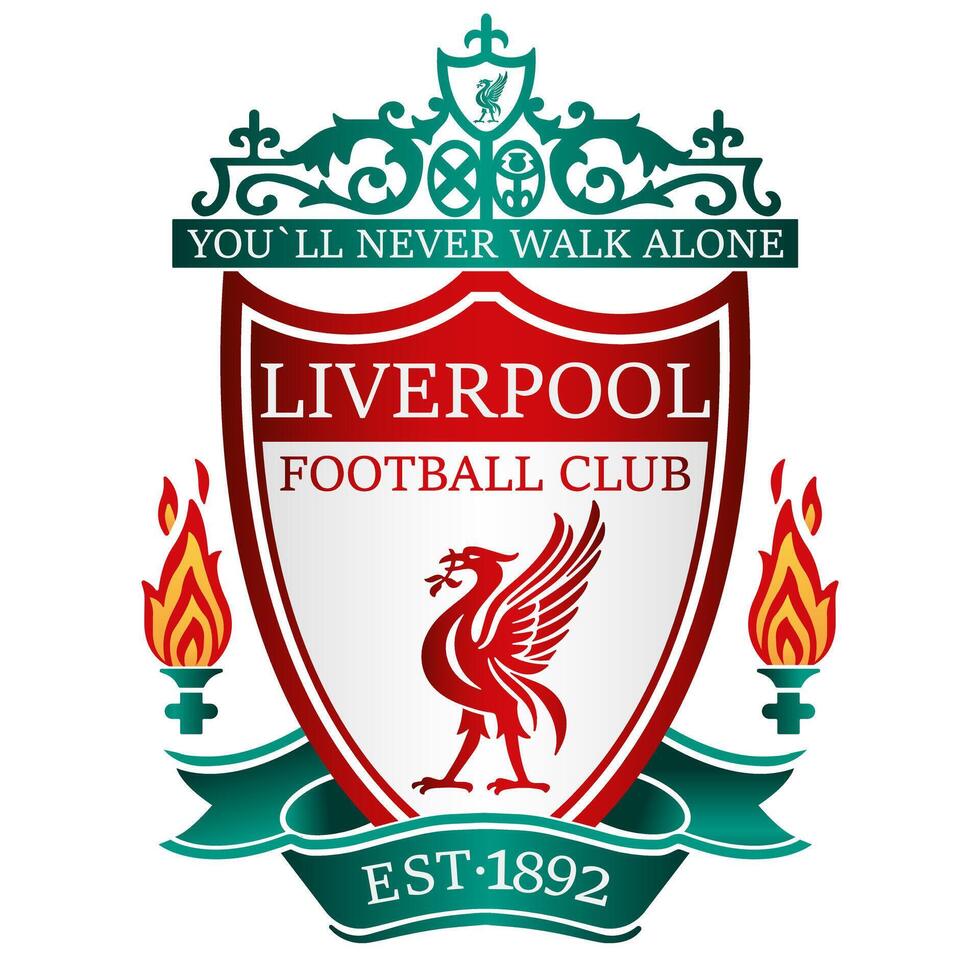 Liverpool fc emblema en icónico rojo fondo. histórico fútbol americano club, Inglés primer ministro liga, icónico hígado pájaro. editorial vector