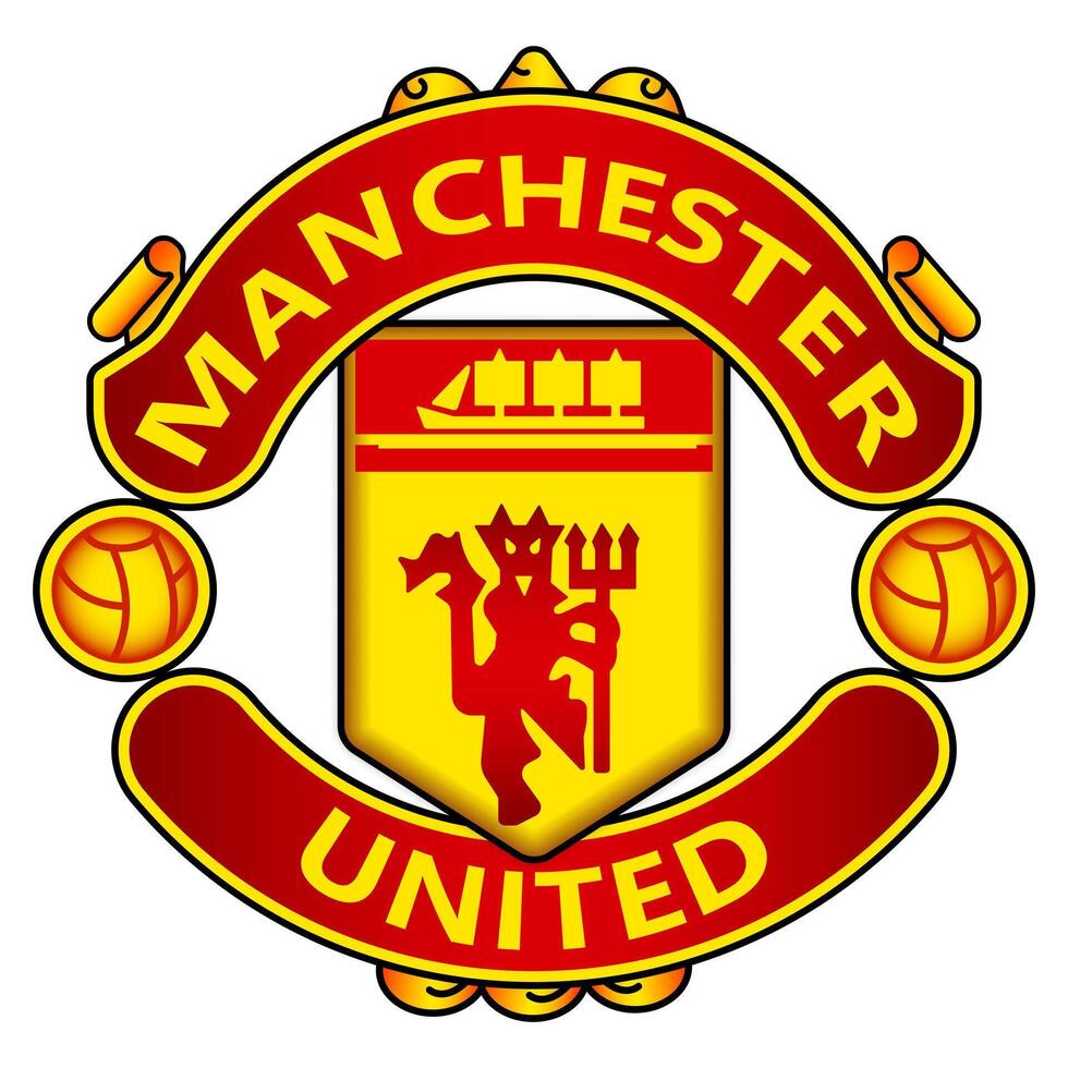 Manchester United FC emblem on iconic red backdrop. Legendary English football club, Premier League, iconic crest. Editorial vector