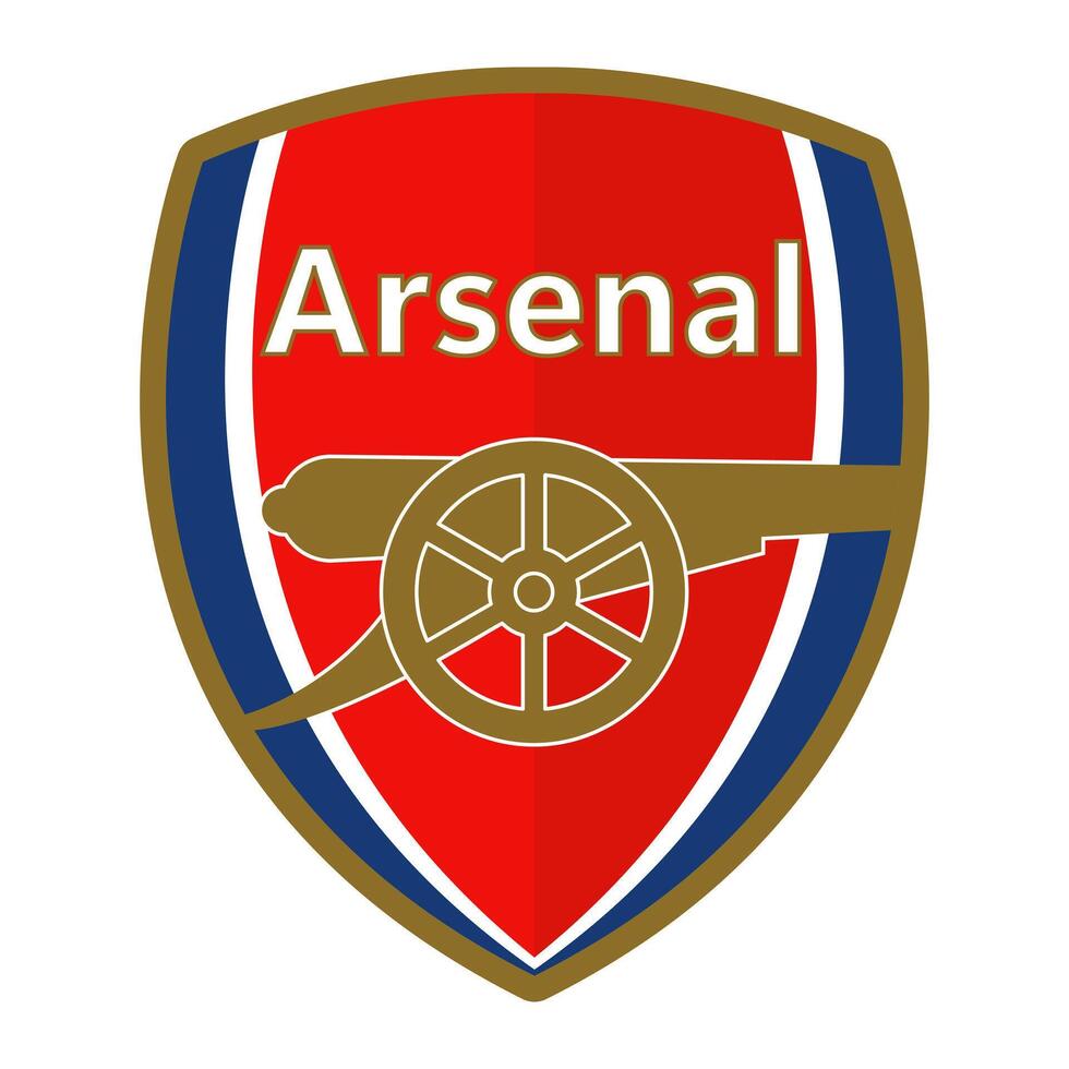 Arsenal FC emblem on classic red background. Historic football club, English Premier League, iconic cannon symbol. Editorial vector