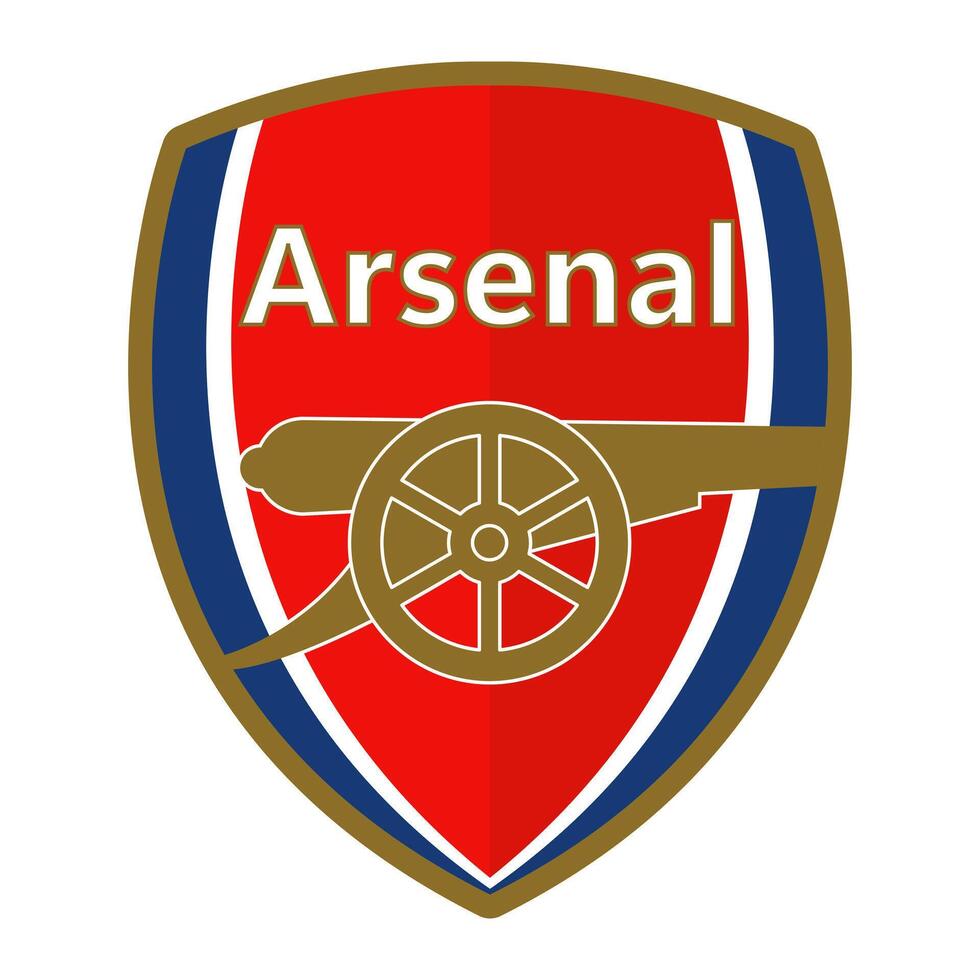 arsenal fc emblema en clásico rojo antecedentes. histórico fútbol americano club, Inglés primer ministro liga, icónico cañón símbolo. editorial vector