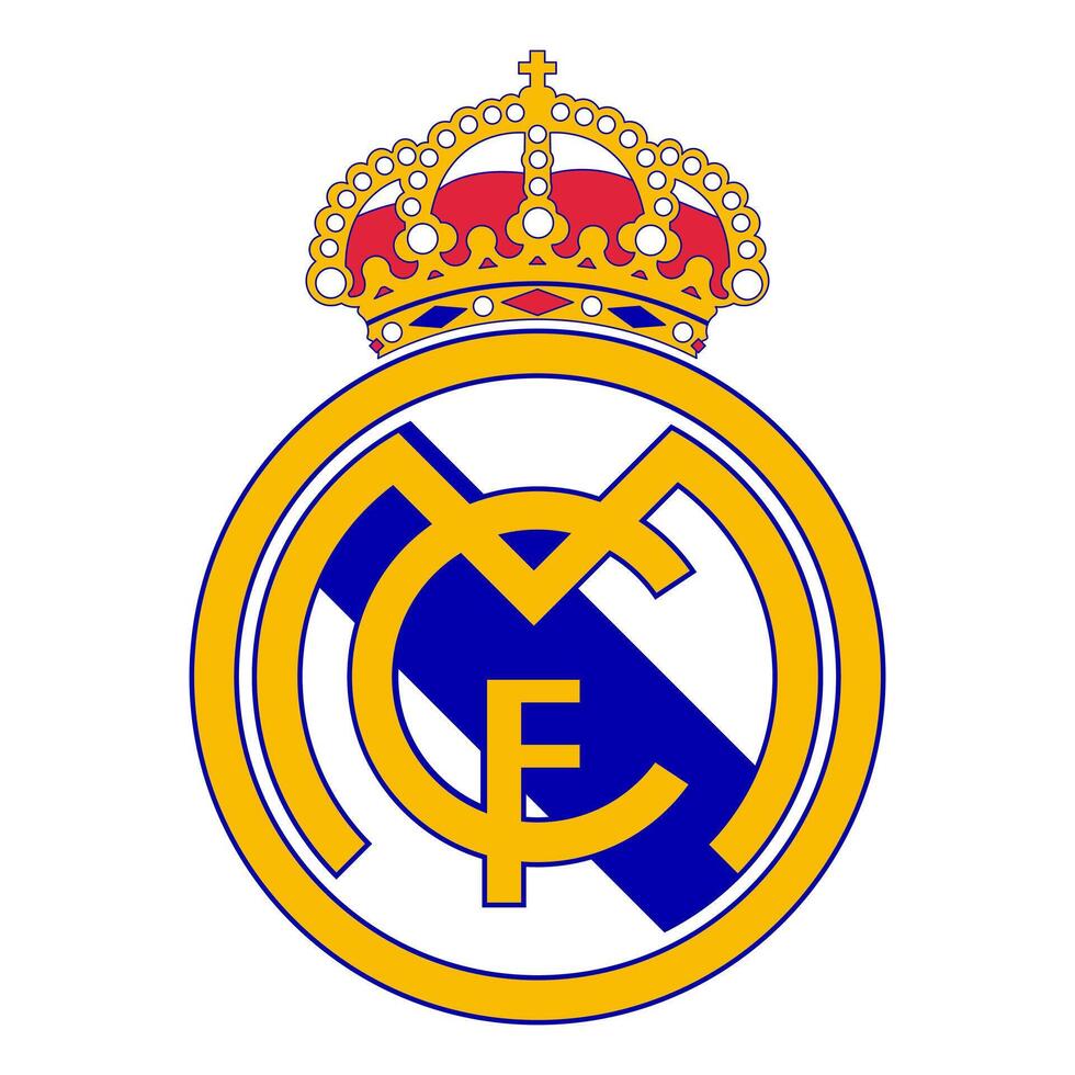 Real Madrid FC emblem on vibrant background. Legendary football club, Spanish heritage, iconic white color. Editorial vector