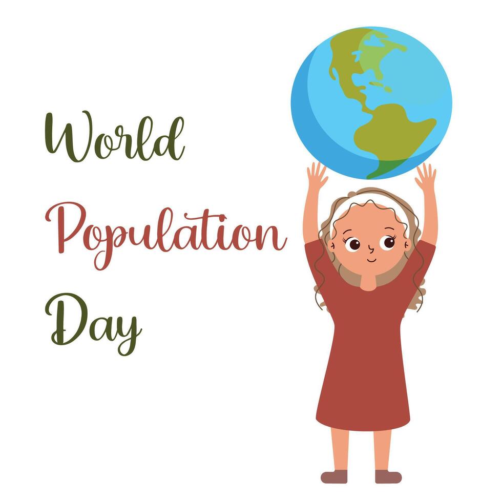 World Population Day Little girl in a dress holding planet Earth above her head Flat style vector