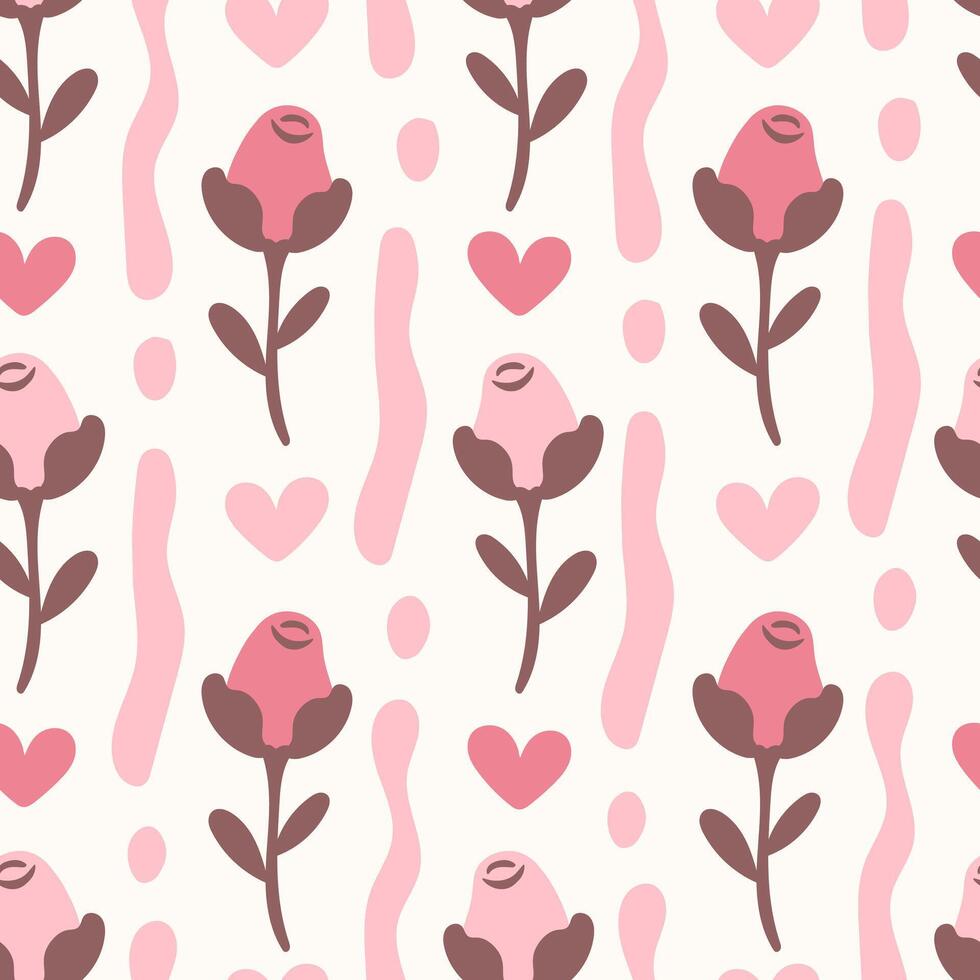 Romantic pink seamless pattern with rose flower and heart shape vector