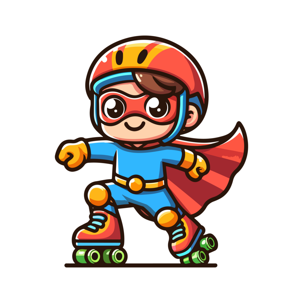 cute child hero playing roller skating icon character png