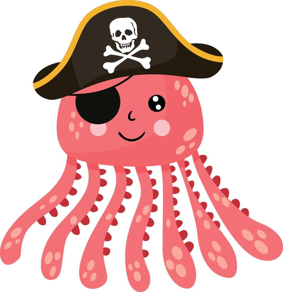 gracioso pirata calamar con negro sombrero y cubierto ojo vector