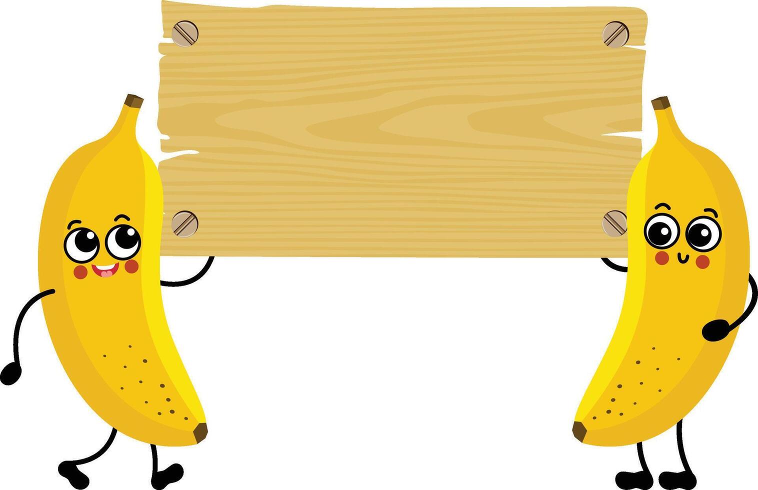 Two funny bananas holding an empty wooden board vector