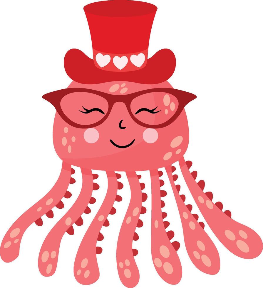 Funny octopus with red hat and glasses vector
