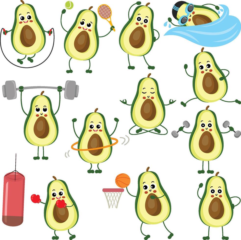 Set digital collage of funny avocado character mascot making gym and sports vector