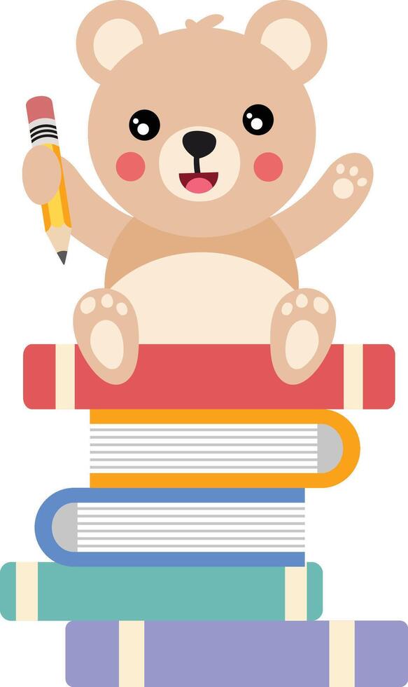 Cute teddy bear student holding pencil on top of books vector
