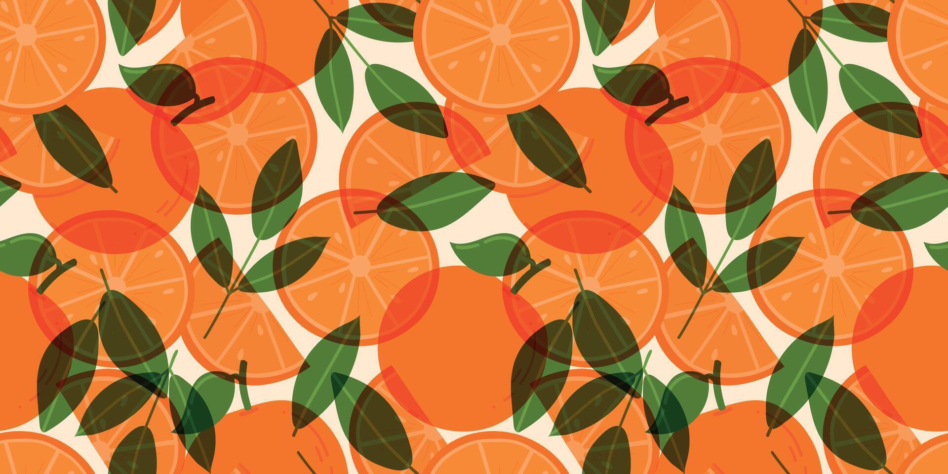 Oranges risoprint seamless pattern. Fresh oranges, leaves and seeds for fabric, drawing labels, wallpaper, fruit background. Slices of oranges background. vector